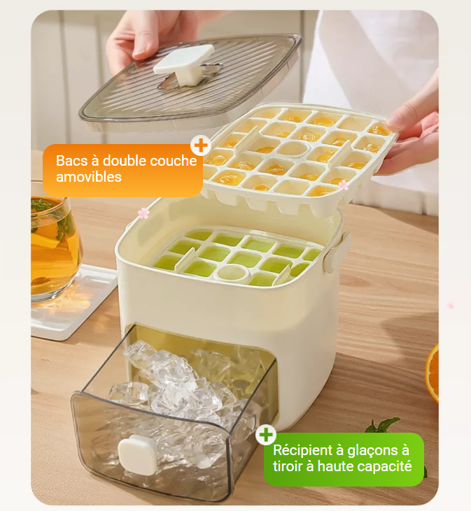 Bac à glaçons double couche avec bac de rangement – jusqu’à 100 glaçons