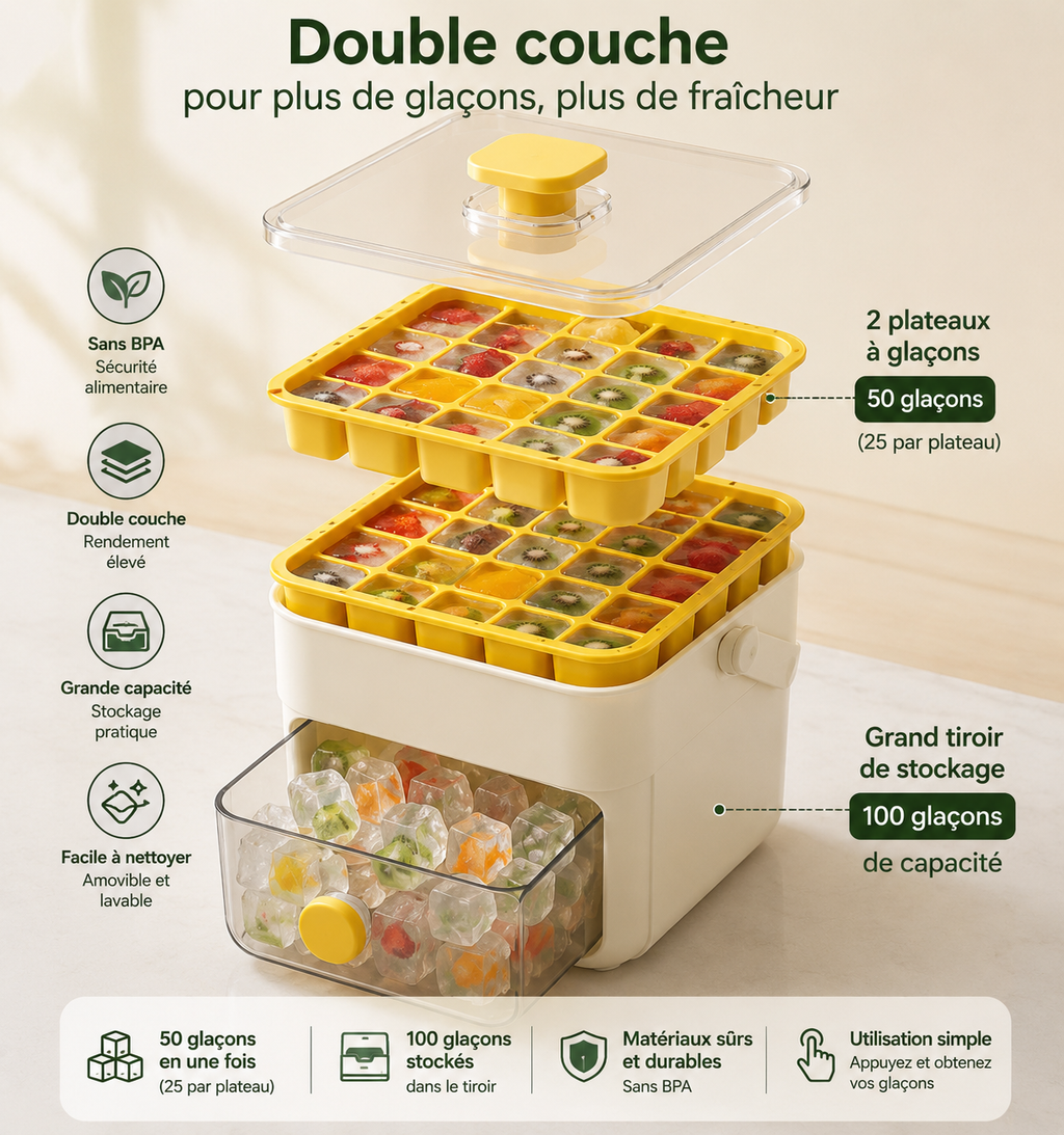 Bac à glaçons double couche avec bac de rangement